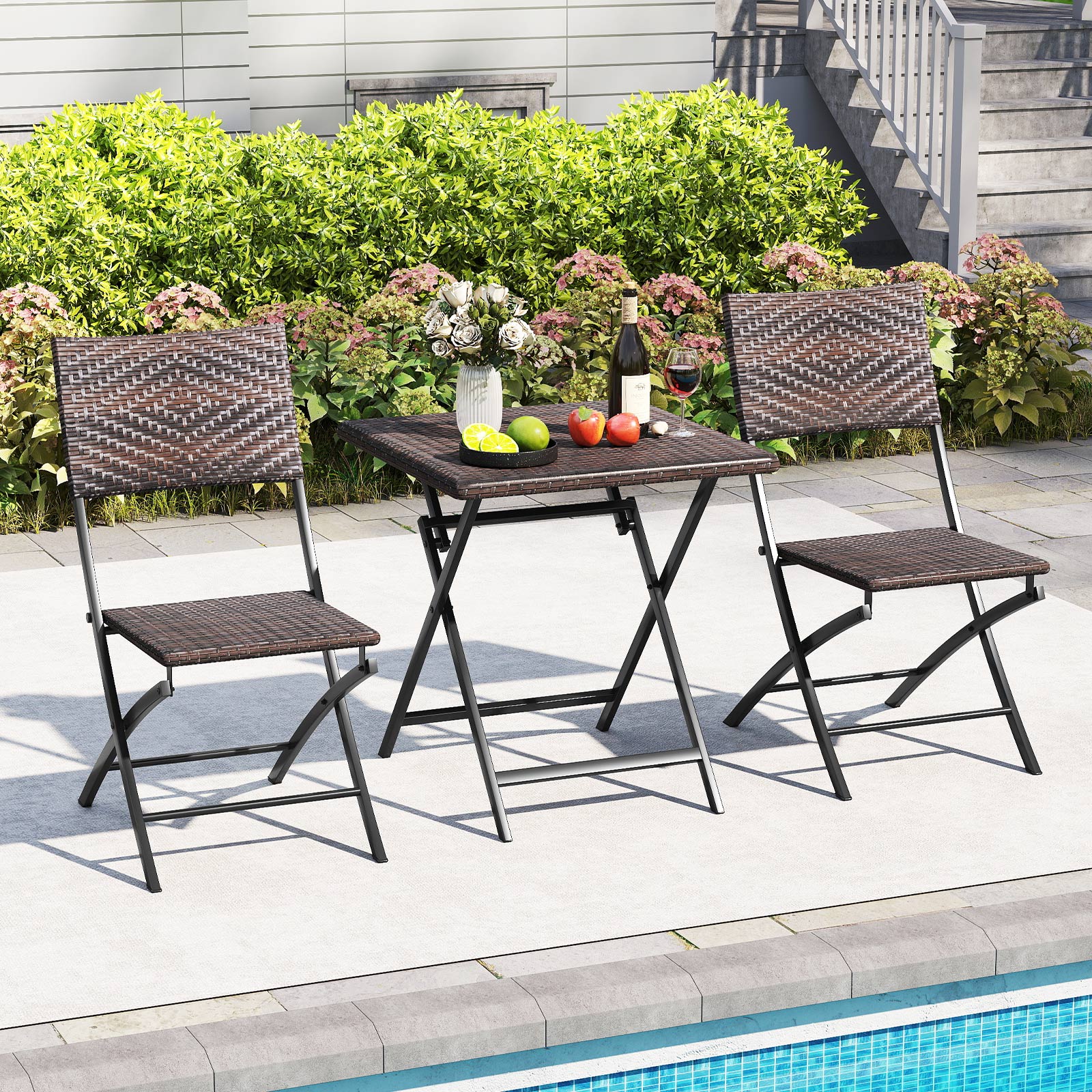 3 Piece Rattan Bistro Set Outdoor Folding Dining Table and Chairs with Wicker Seat Patio Conversation Sets at Gallery Canada