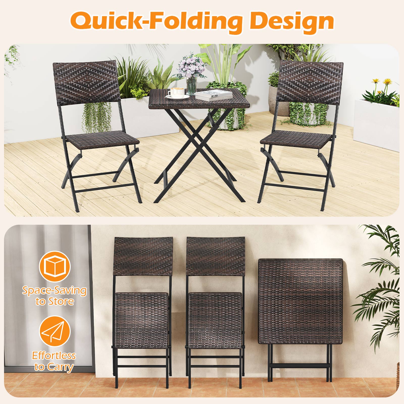 3 Piece Rattan Bistro Set Outdoor Folding Dining Table and Chairs with Wicker Seat Patio Conversation Sets at Gallery Canada