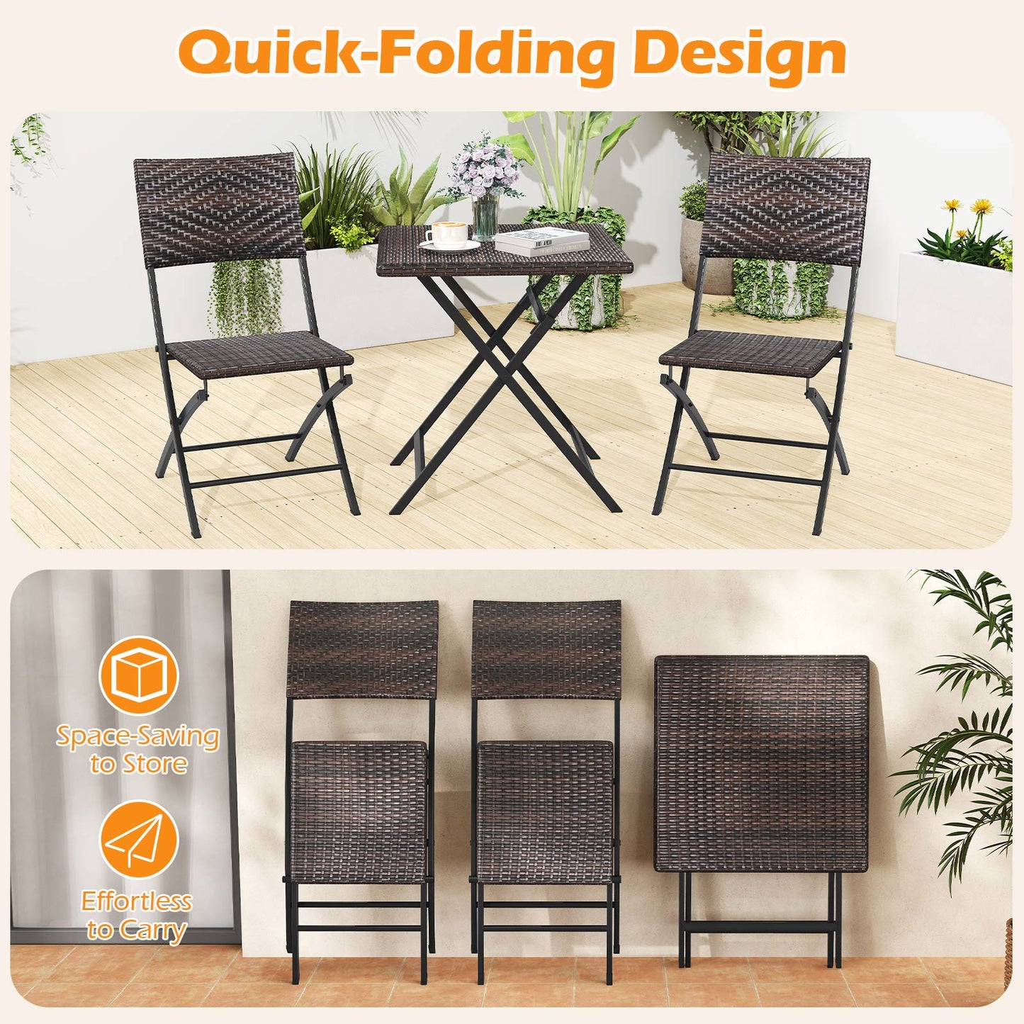 3 Piece Rattan Bistro Set Outdoor Folding Dining Table and Chairs with Wicker Seat Patio Conversation Sets at Gallery Canada