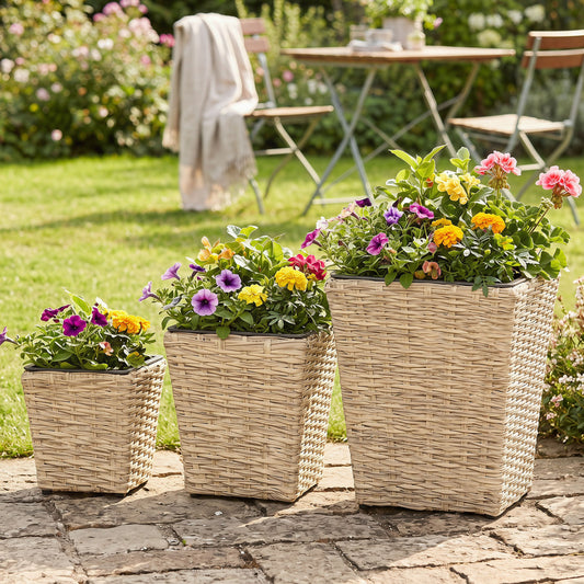 3-Piece Rattan Planter Box Kit with Liners, Natural