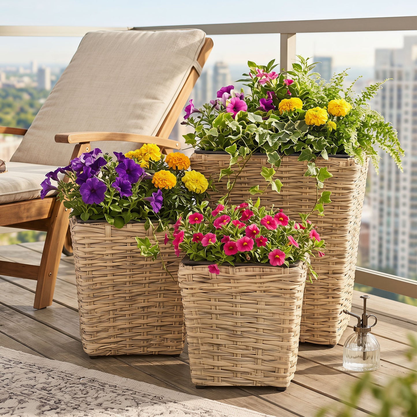 3-Piece Rattan Planter Box Kit with Liners, Natural