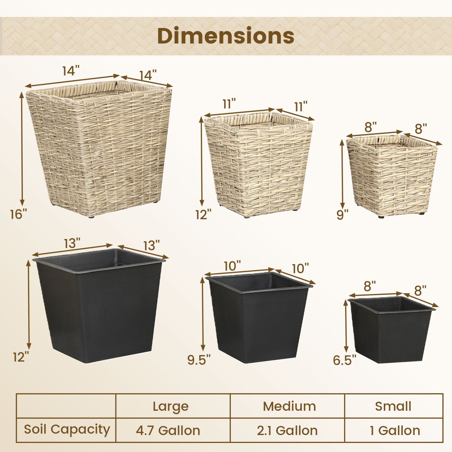 3-Piece Rattan Planter Box Kit with Liners, Natural