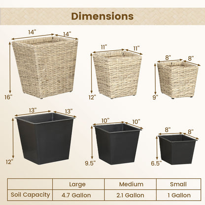 3-Piece Rattan Planter Box Kit with Liners, Natural
