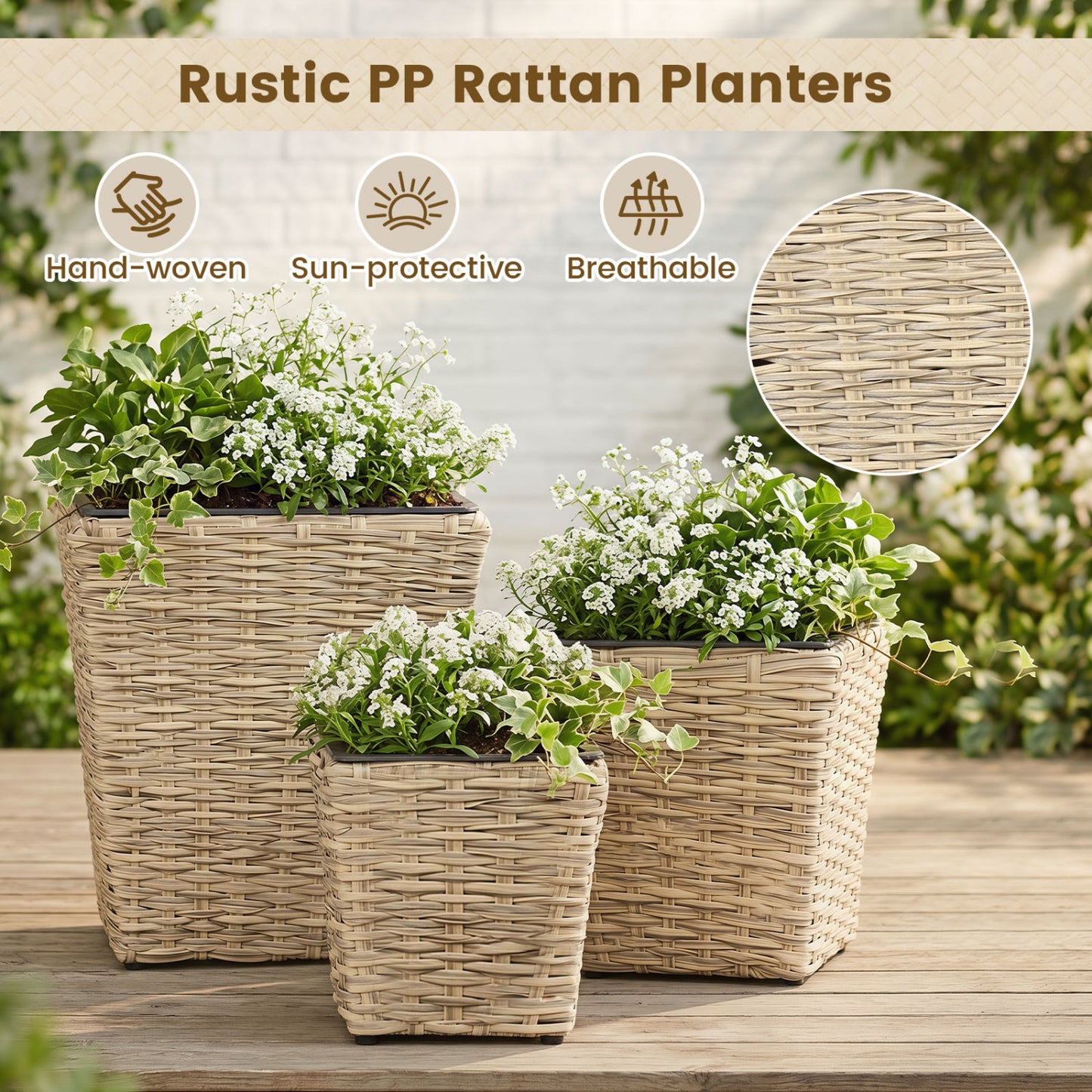 3-Piece Rattan Planter Box Kit with Liners, Natural