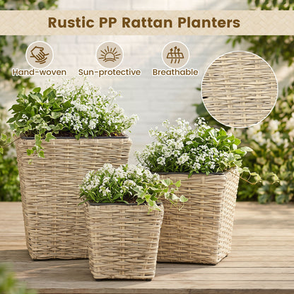 3-Piece Rattan Planter Box Kit with Liners, Natural