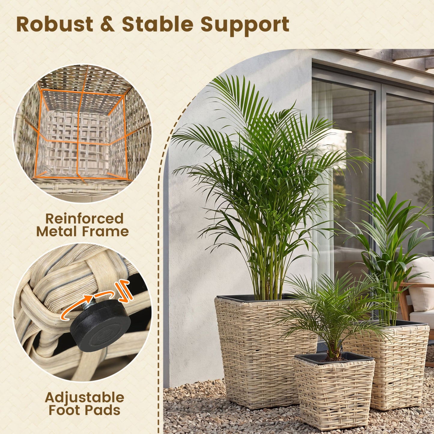 3-Piece Rattan Planter Box Kit with Liners, Natural