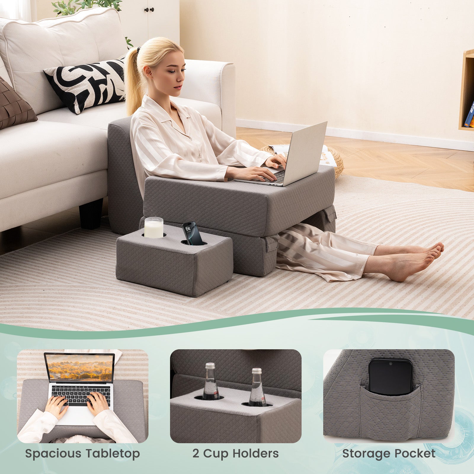 3-Piece Reading Pillow Set Extra Large Lap Desk with Coaster, Gray Bedding at Gallery Canada