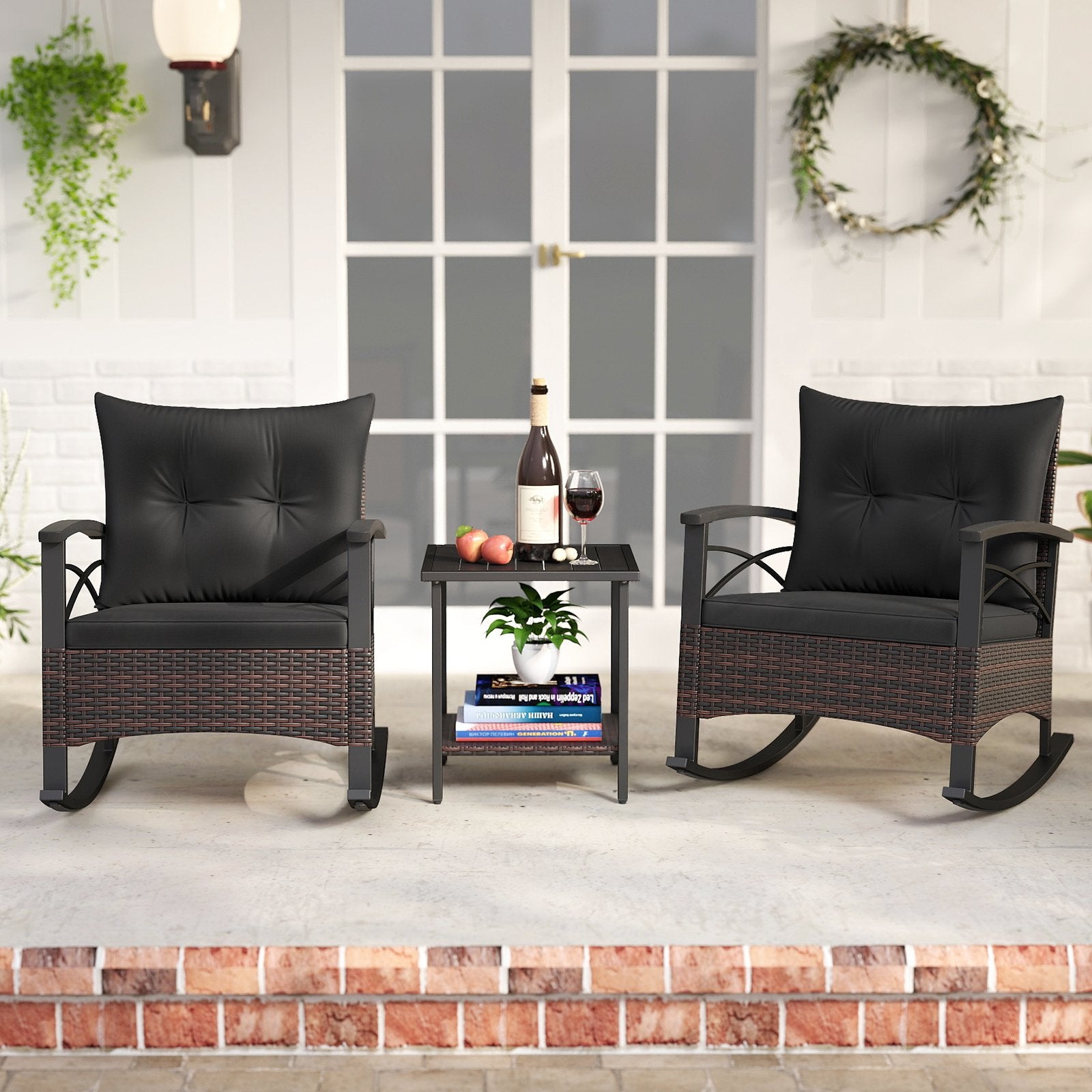 3 Piece Rocking Bistro Set PE Rattan Rocker Chairs with Acacia Wood Top Table, Black Patio Conversation Sets at Gallery Canada