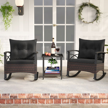 3 Piece Rocking Bistro Set PE Rattan Rocker Chairs with Acacia Wood Top Table, Black Patio Conversation Sets at Gallery Canada