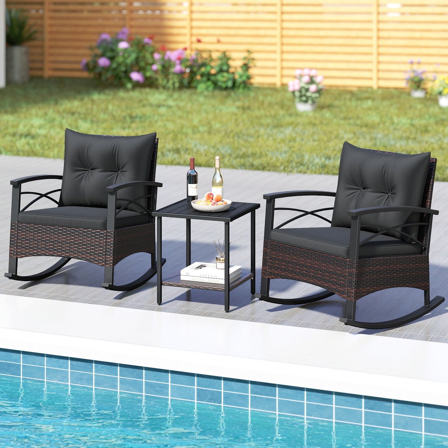3 Piece Rocking Bistro Set PE Rattan Rocker Chairs with Acacia Wood Top Table, Black Patio Conversation Sets at Gallery Canada