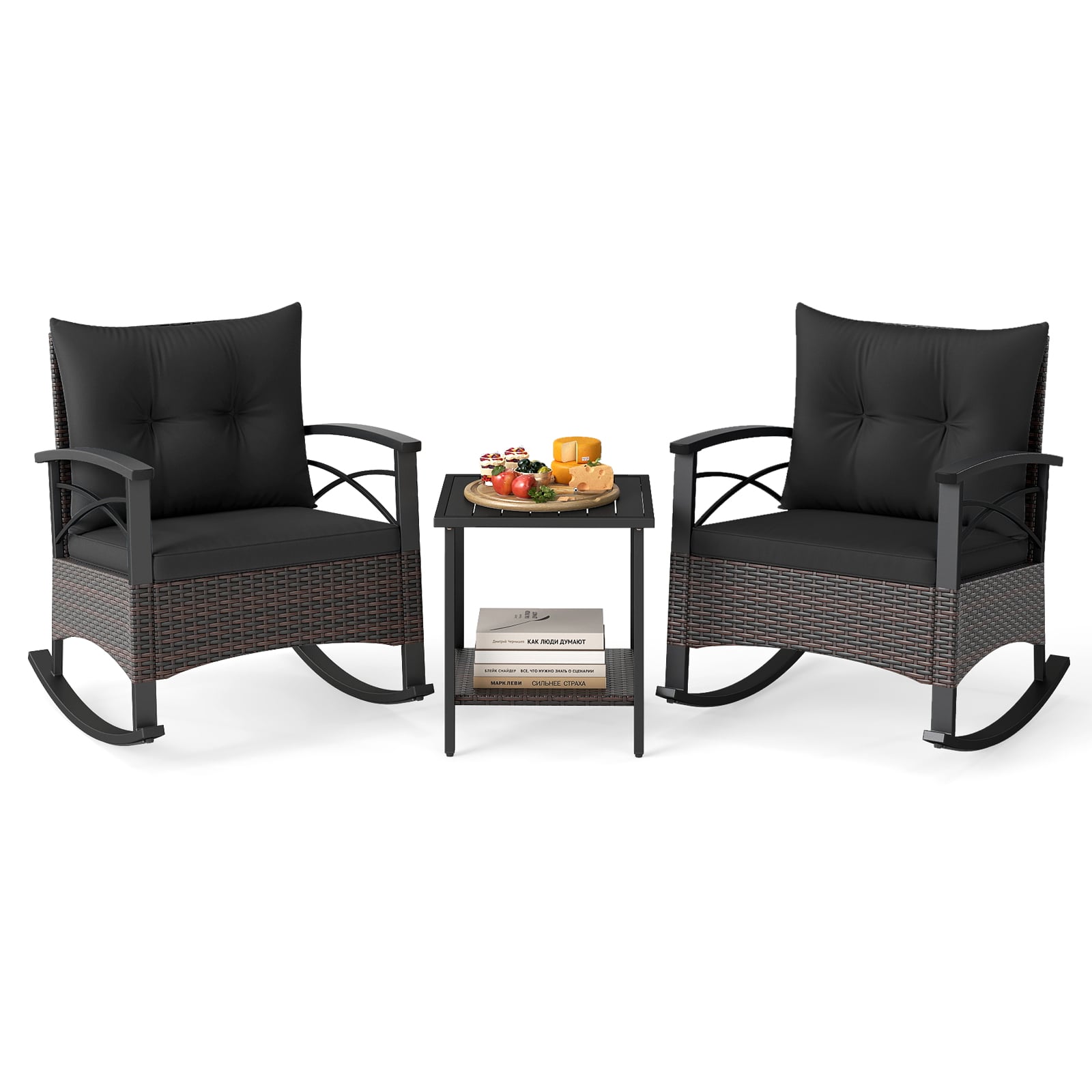 3 Piece Rocking Bistro Set PE Rattan Rocker Chairs with Acacia Wood Top Table, Black Patio Conversation Sets Black at Gallery Canada