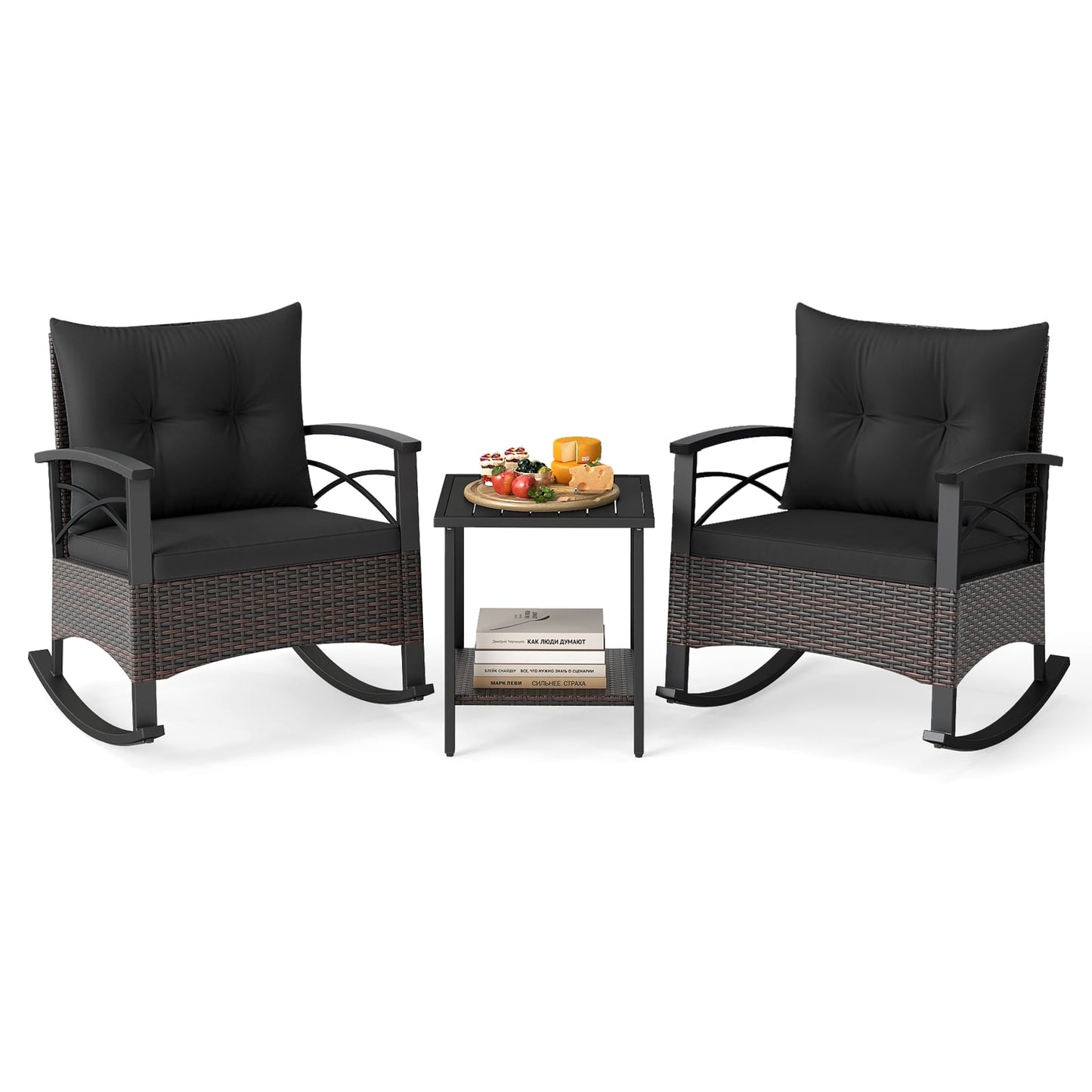 3 Piece Rocking Bistro Set PE Rattan Rocker Chairs with Acacia Wood Top Table, Black Patio Conversation Sets Black at Gallery Canada