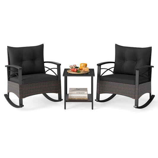 3 Piece Rocking Bistro Set PE Rattan Rocker Chairs with Acacia Wood Top Table, Black Patio Conversation Sets Black at Gallery Canada