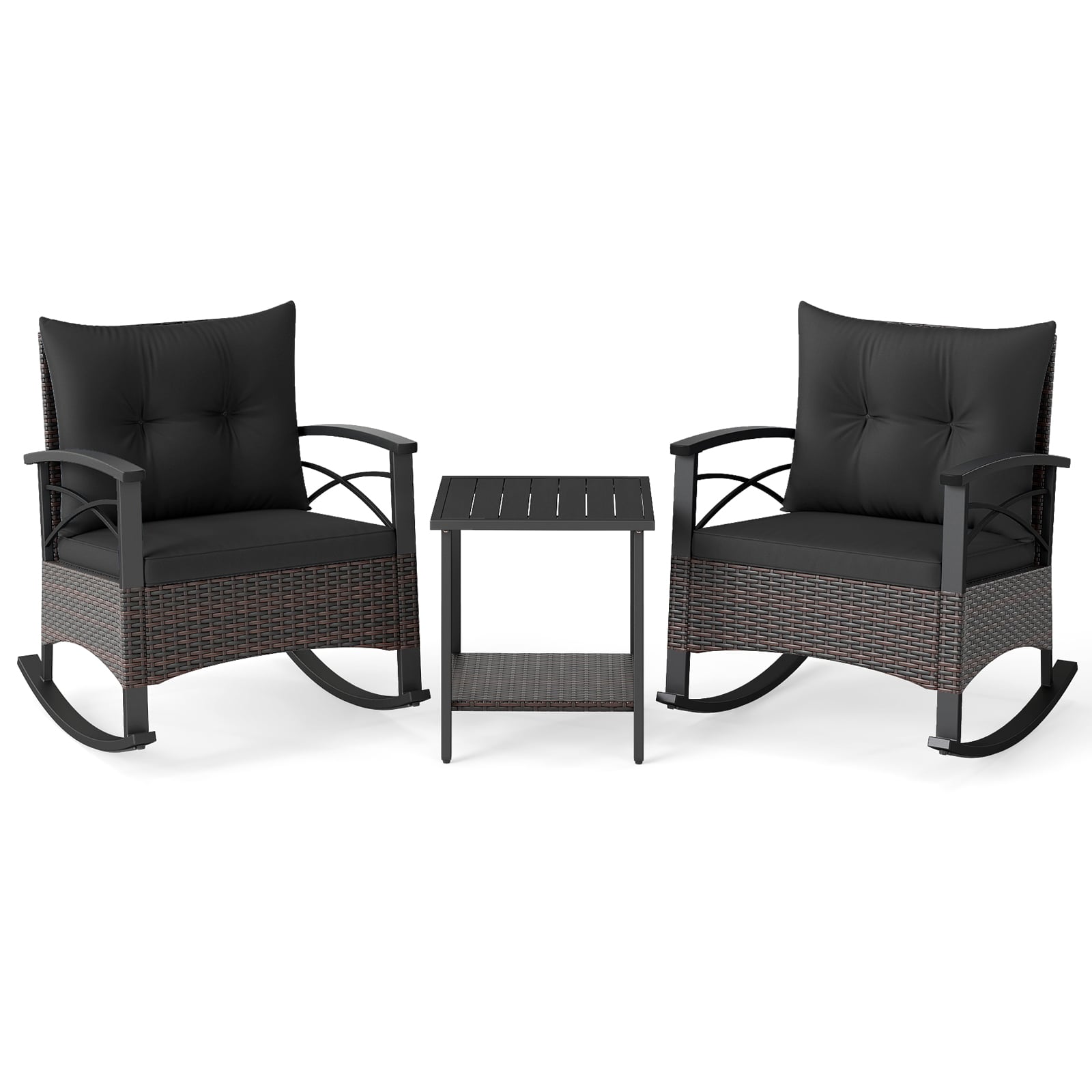 3 Piece Rocking Bistro Set PE Rattan Rocker Chairs with Acacia Wood Top Table, Black Patio Conversation Sets at Gallery Canada
