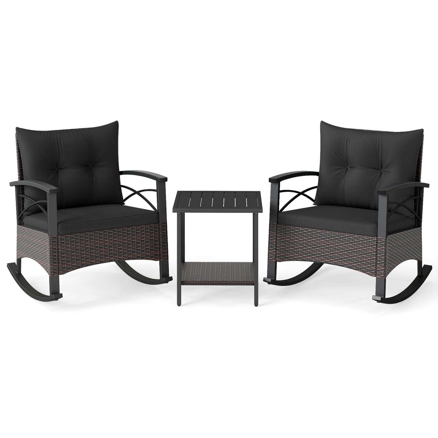 3 Piece Rocking Bistro Set PE Rattan Rocker Chairs with Acacia Wood Top Table, Black Patio Conversation Sets Black at Gallery Canada