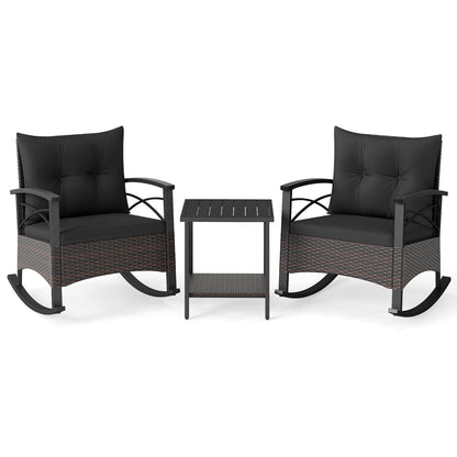 3 Piece Rocking Bistro Set PE Rattan Rocker Chairs with Acacia Wood Top Table, Black Patio Conversation Sets Black at Gallery Canada