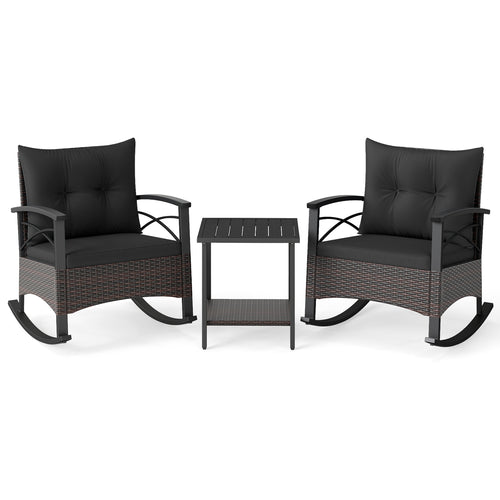 3 Piece Rocking Bistro Set PE Rattan Rocker Chairs with Acacia Wood Top Table, Black