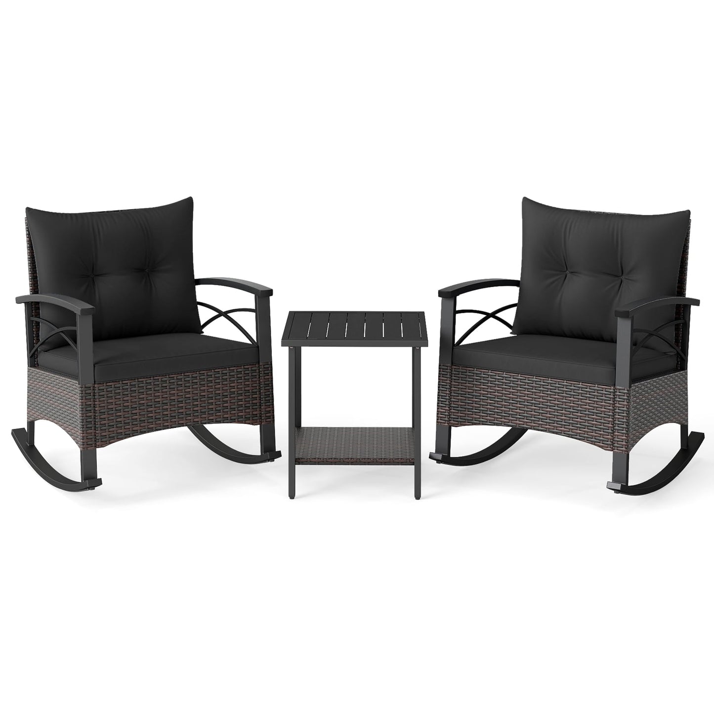 3 Piece Rocking Bistro Set PE Rattan Rocker Chairs with Acacia Wood Top Table, Black Patio Conversation Sets Black at Gallery Canada