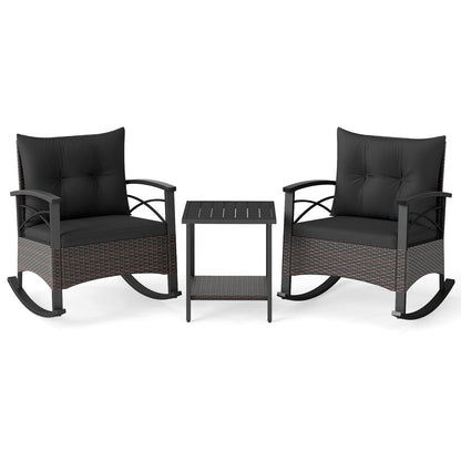 3 Piece Rocking Bistro Set PE Rattan Rocker Chairs with Acacia Wood Top Table, Black Patio Conversation Sets Black at Gallery Canada