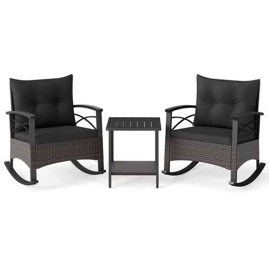 3 Piece Rocking Bistro Set PE Rattan Rocker Chairs with Acacia Wood Top Table, Black Patio Conversation Sets Black at Gallery Canada