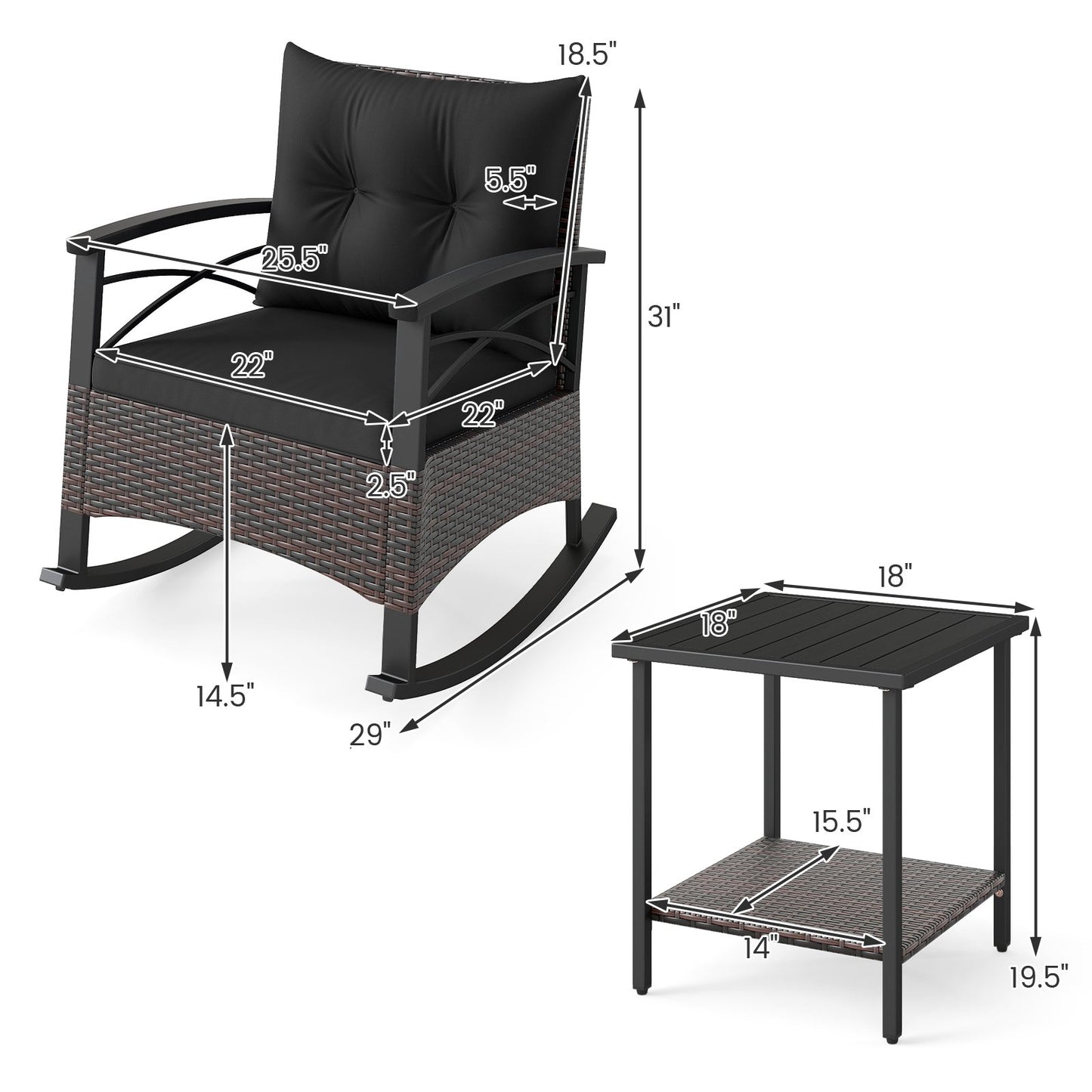 3 Piece Rocking Bistro Set PE Rattan Rocker Chairs with Acacia Wood Top Table, Black Patio Conversation Sets at Gallery Canada