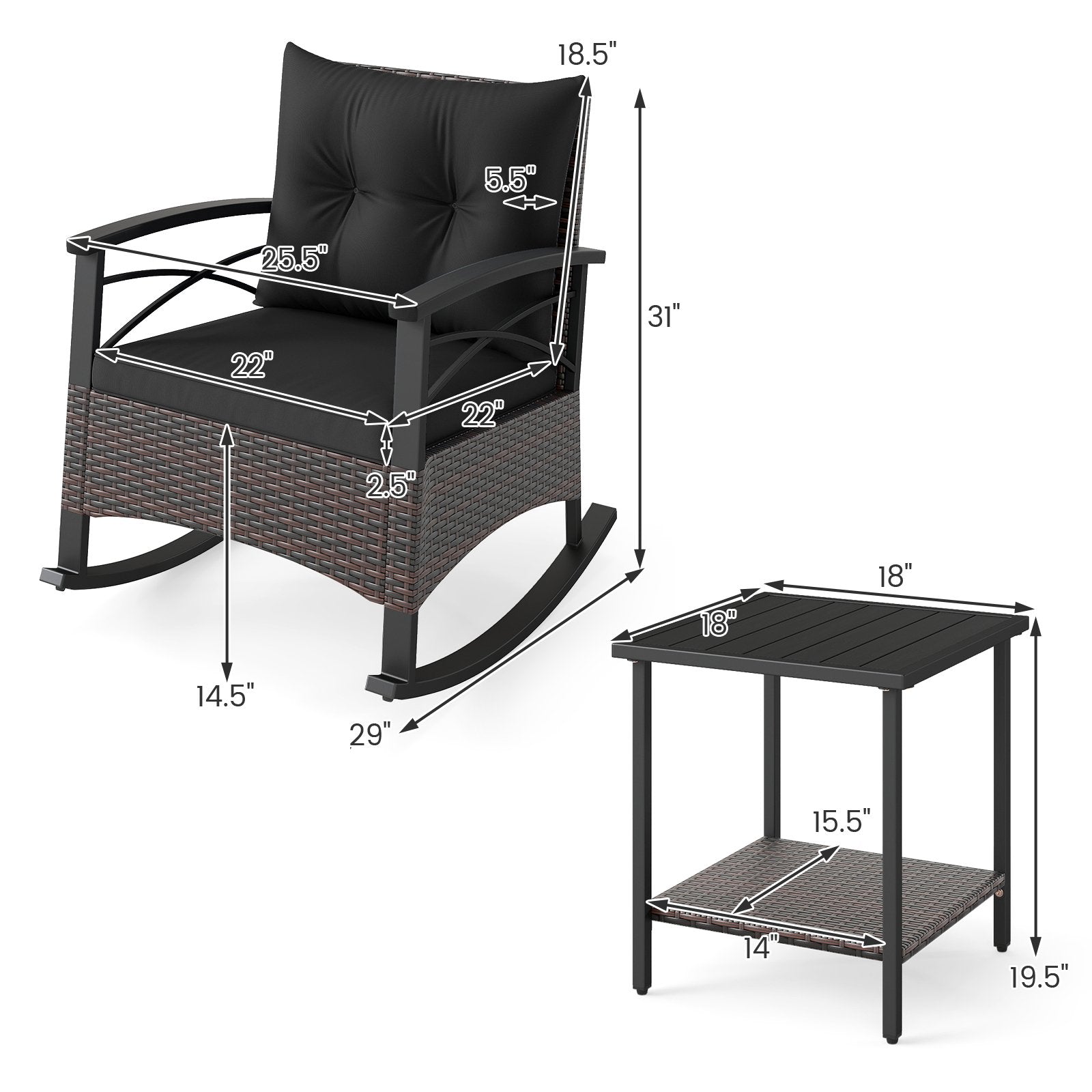 3 Piece Rocking Bistro Set PE Rattan Rocker Chairs with Acacia Wood Top Table, Black Patio Conversation Sets at Gallery Canada