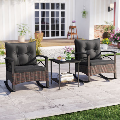 3 Piece Rocking Bistro Set PE Rattan Rocker Chairs with Acacia Wood Top Table, Black Patio Conversation Sets at Gallery Canada