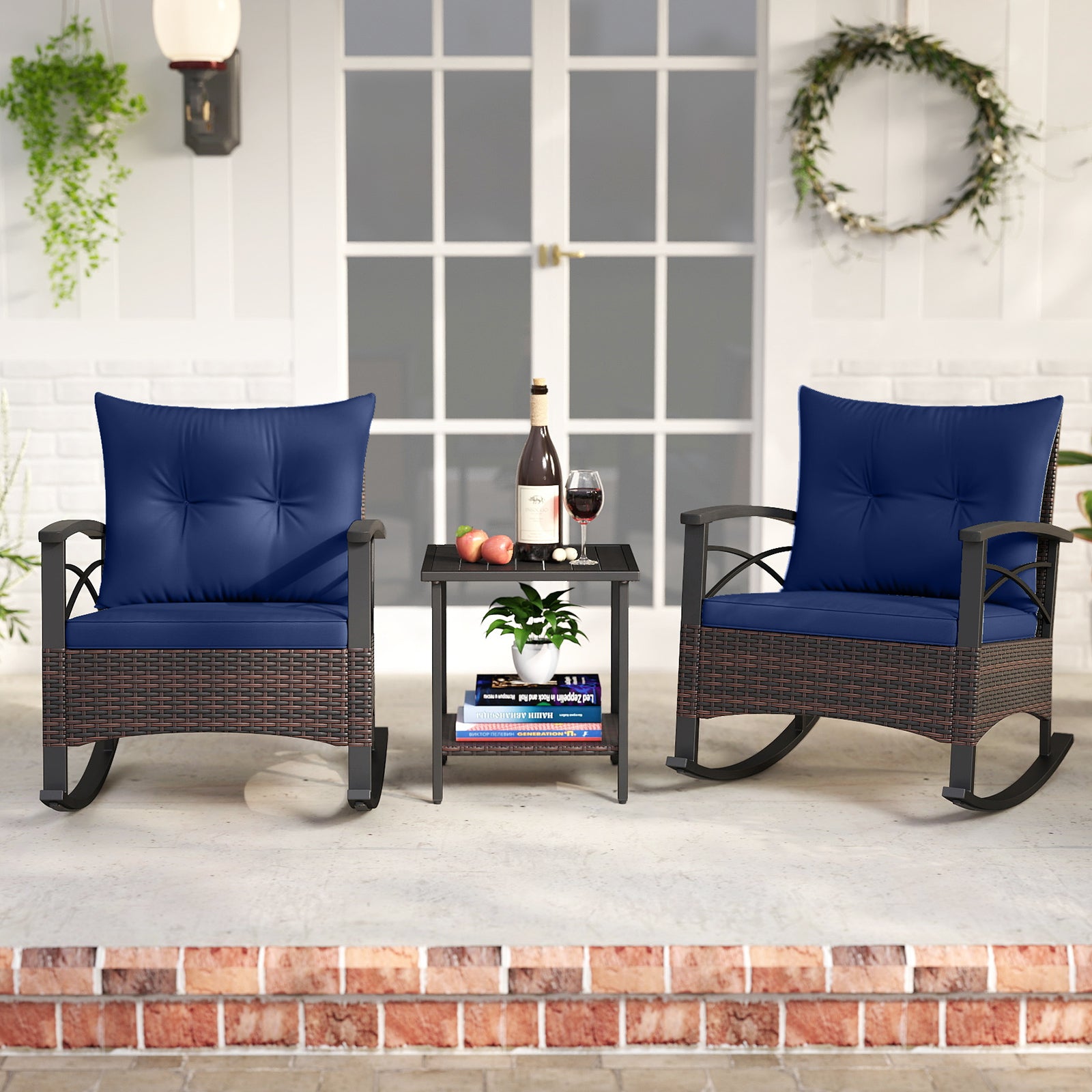 3 Piece Rocking Bistro Set PE Rattan Rocker Chairs with Acacia Wood Top Table, Navy Patio Conversation Sets at Gallery Canada