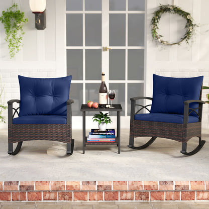 3 Piece Rocking Bistro Set PE Rattan Rocker Chairs with Acacia Wood Top Table, Navy Patio Conversation Sets at Gallery Canada