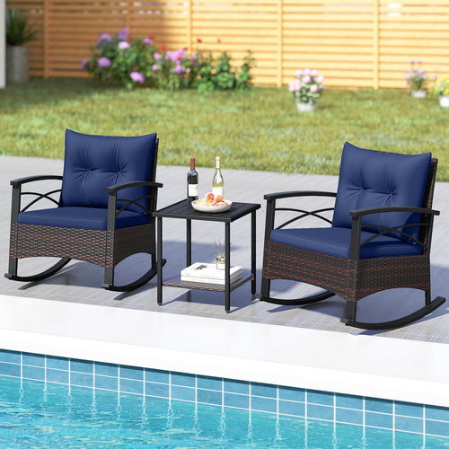 3 Piece Rocking Bistro Set PE Rattan Rocker Chairs with Acacia Wood Top Table, Navy