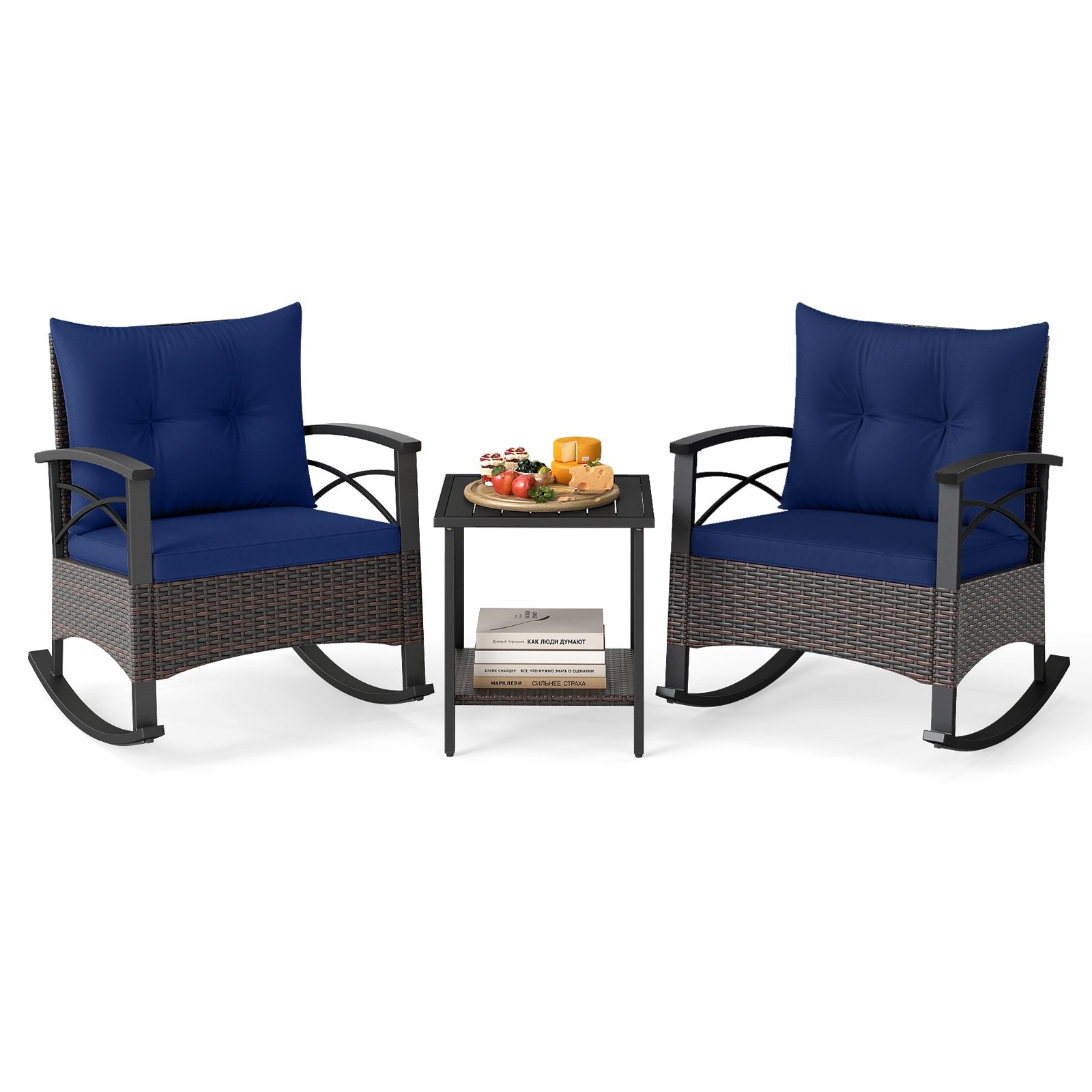 3 Piece Rocking Bistro Set PE Rattan Rocker Chairs with Acacia Wood Top Table, Navy Patio Conversation Sets Navy at Gallery Canada