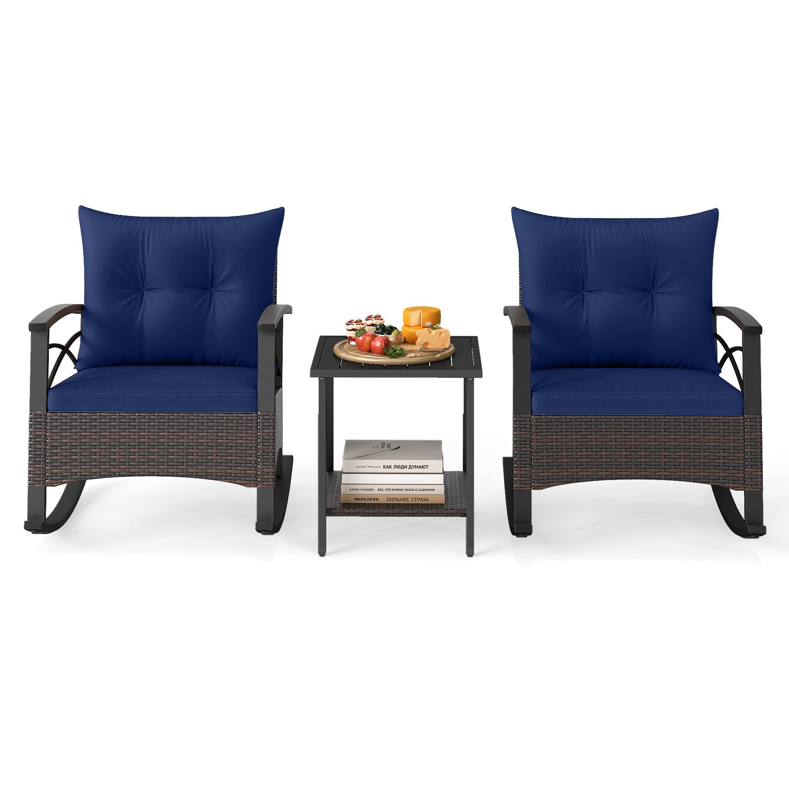 3 Piece Rocking Bistro Set PE Rattan Rocker Chairs with Acacia Wood Top Table, Navy Patio Conversation Sets at Gallery Canada