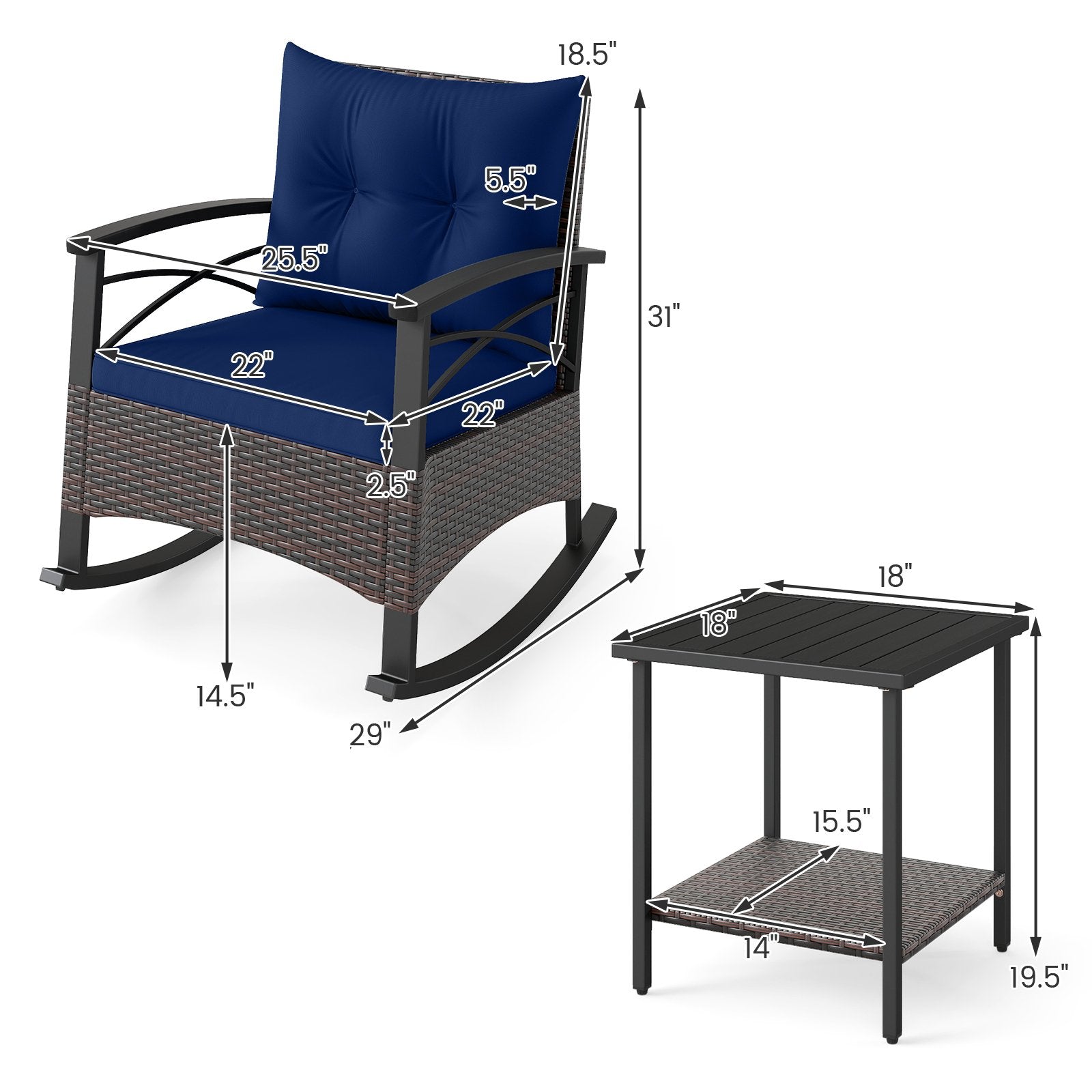 3 Piece Rocking Bistro Set PE Rattan Rocker Chairs with Acacia Wood Top Table, Navy Patio Conversation Sets at Gallery Canada