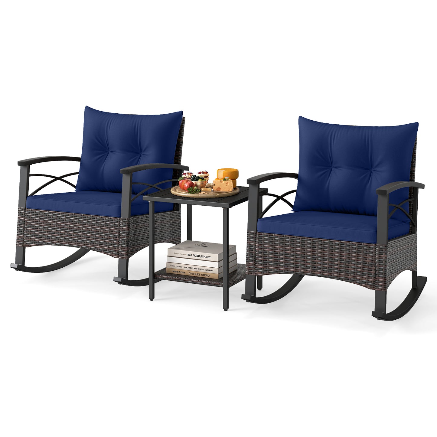3 Piece Rocking Bistro Set PE Rattan Rocker Chairs with Acacia Wood Top Table, Navy Patio Conversation Sets at Gallery Canada