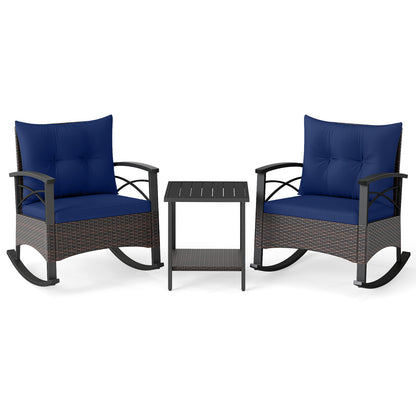 3 Piece Rocking Bistro Set PE Rattan Rocker Chairs with Acacia Wood Top Table, Navy Patio Conversation Sets at Gallery Canada