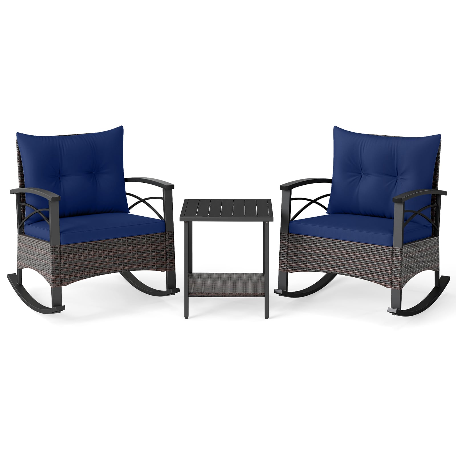 3 Piece Rocking Bistro Set PE Rattan Rocker Chairs with Acacia Wood Top Table, Navy Patio Conversation Sets Navy at Gallery Canada