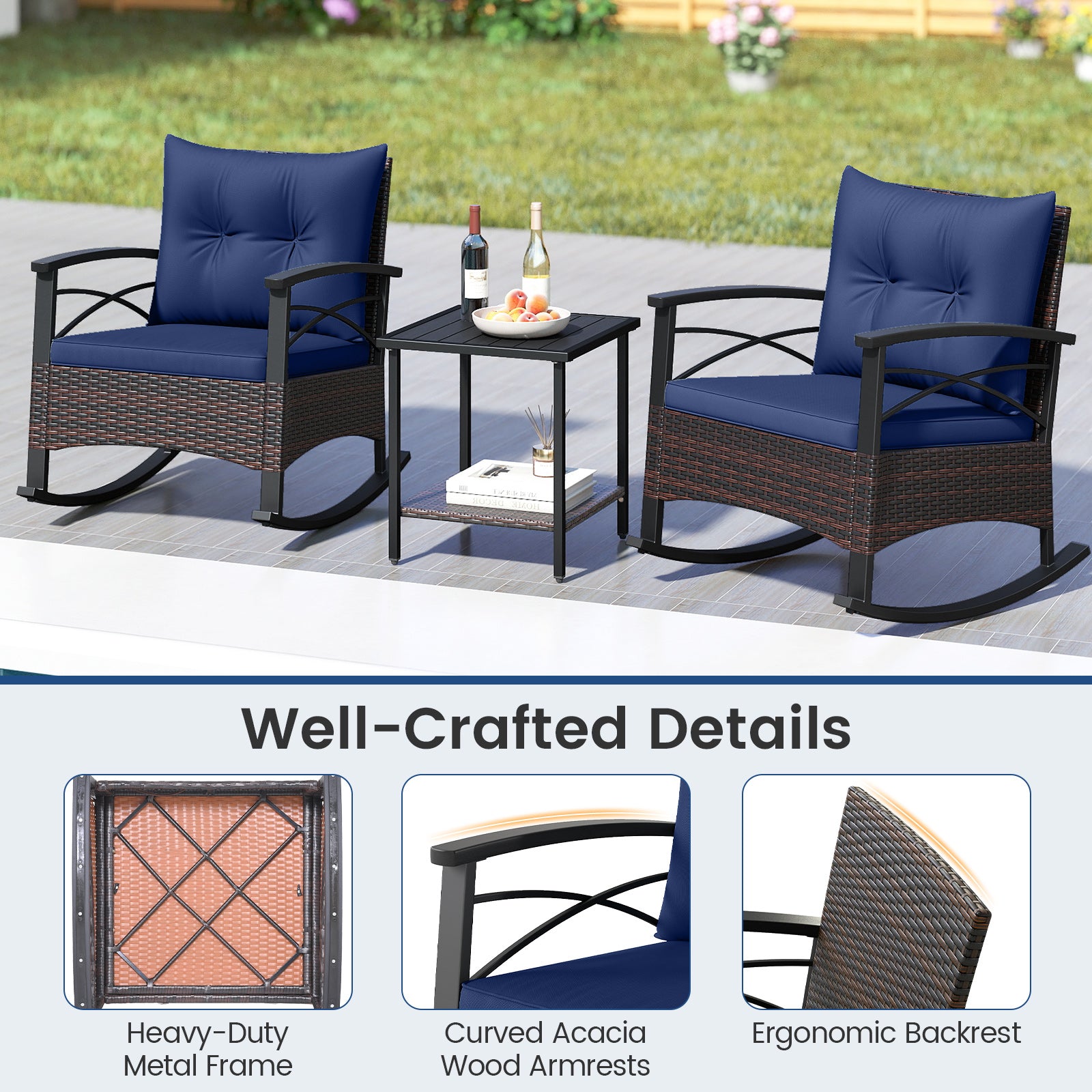 3 Piece Rocking Bistro Set PE Rattan Rocker Chairs with Acacia Wood Top Table, Navy Patio Conversation Sets at Gallery Canada