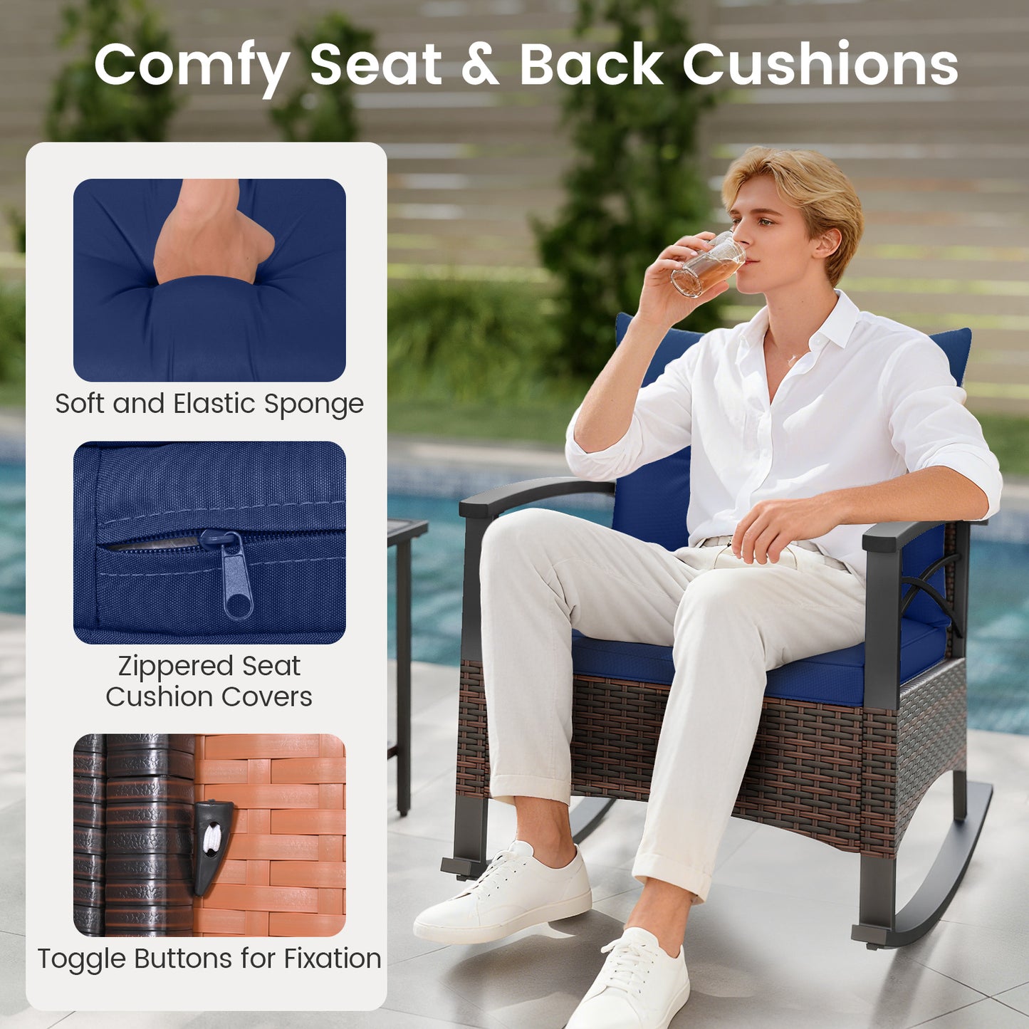 3 Piece Rocking Bistro Set PE Rattan Rocker Chairs with Acacia Wood Top Table, Navy Patio Conversation Sets at Gallery Canada