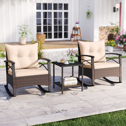 3 Piece Rocking Bistro Set PE Rattan Rocker Chairs with Acacia Wood Top Table, Beige