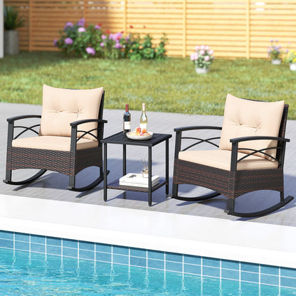 3 Piece Rocking Bistro Set PE Rattan Rocker Chairs with Acacia Wood Top Table, Beige