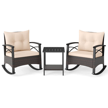 3 Piece Rocking Bistro Set PE Rattan Rocker Chairs with Acacia Wood Top Table, Beige