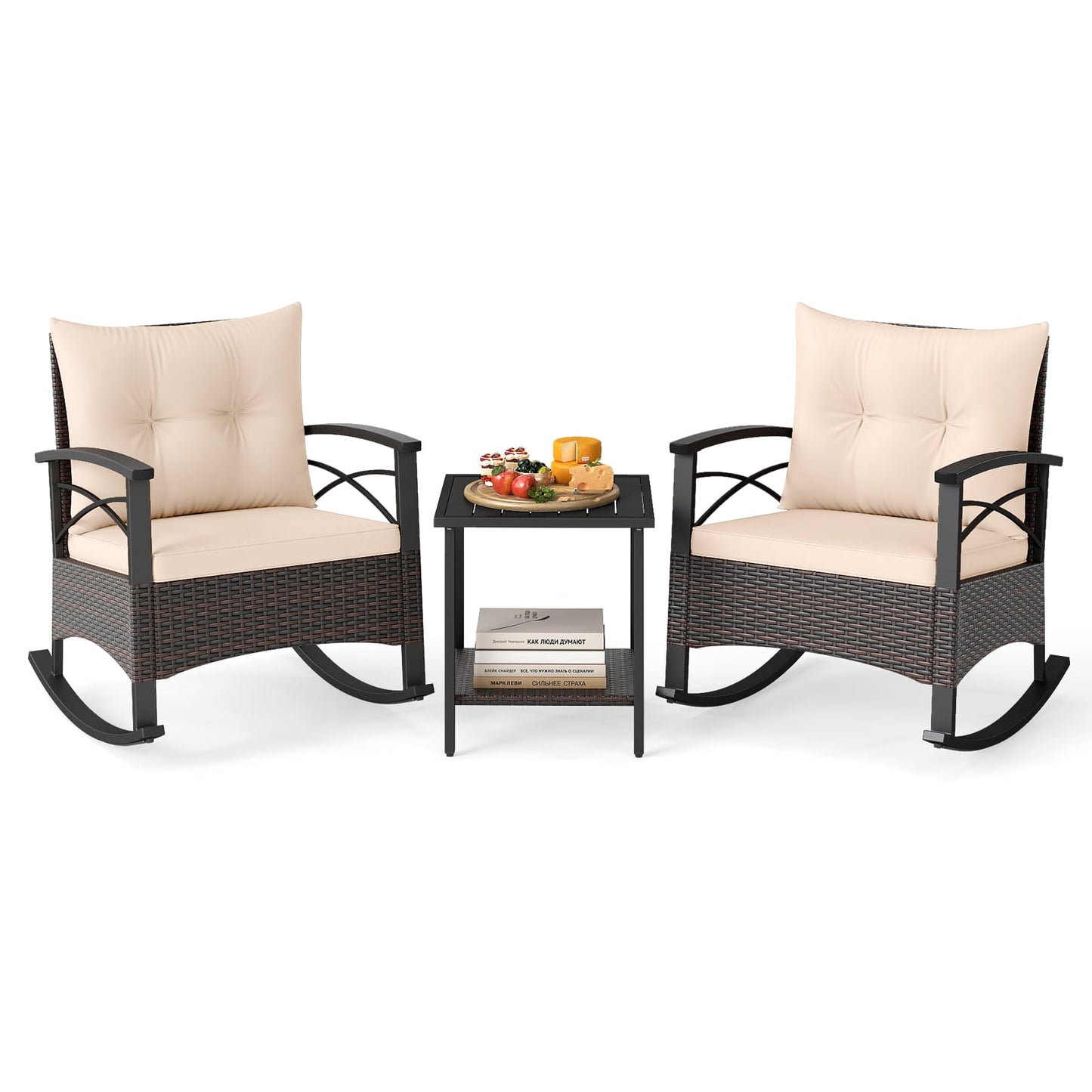 3 Piece Rocking Bistro Set PE Rattan Rocker Chairs with Acacia Wood Top Table, Beige