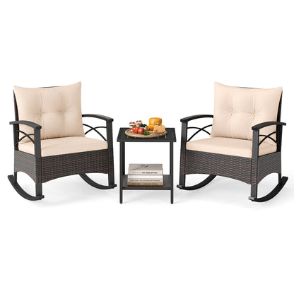 3 Piece Rocking Bistro Set PE Rattan Rocker Chairs with Acacia Wood Top Table, Beige