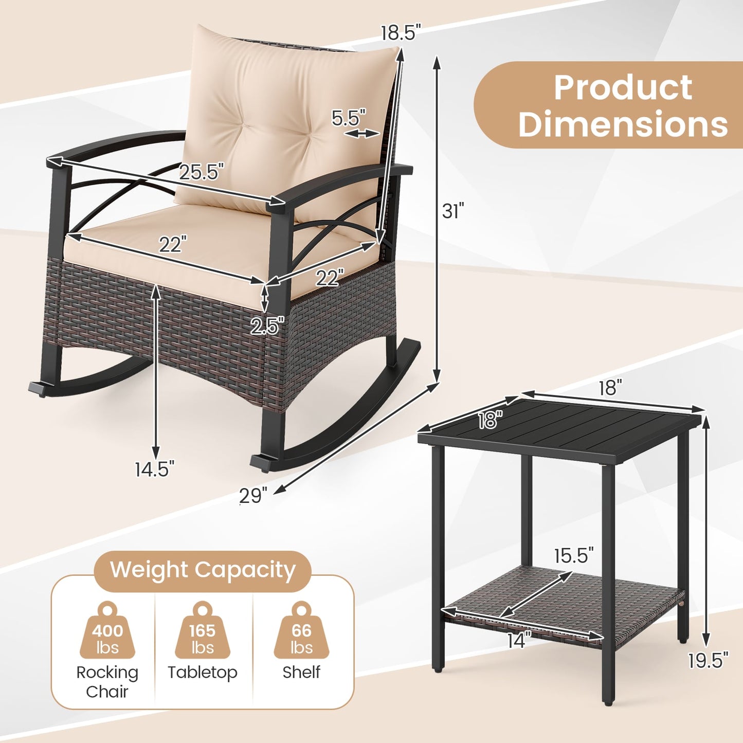 3 Piece Rocking Bistro Set PE Rattan Rocker Chairs with Acacia Wood Top Table, Beige