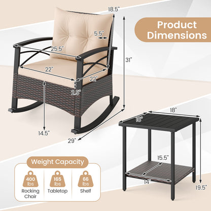 3 Piece Rocking Bistro Set PE Rattan Rocker Chairs with Acacia Wood Top Table, Beige