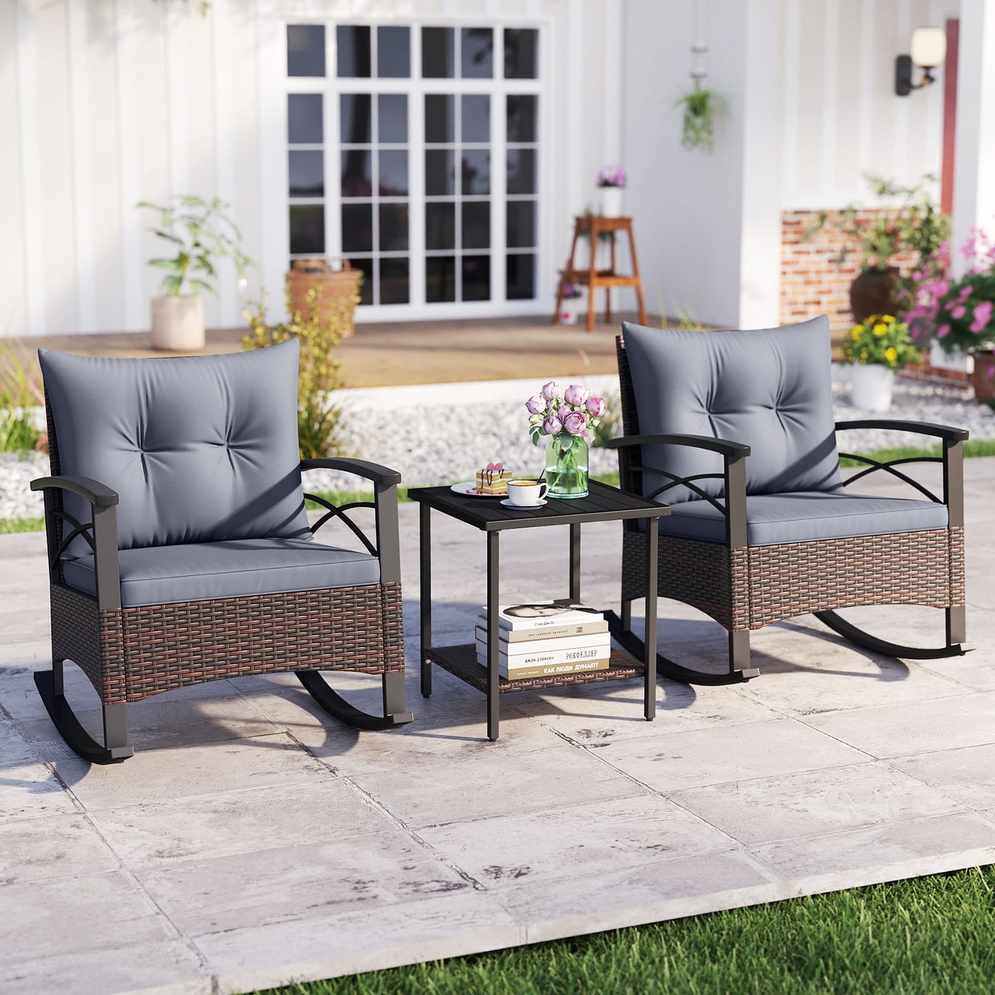 3 Piece Rocking Bistro Set PE Rattan Rocker Chairs with Acacia Wood Top Table, Gray