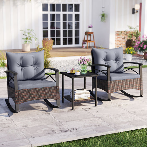 3 Piece Rocking Bistro Set PE Rattan Rocker Chairs with Acacia Wood Top Table, Gray