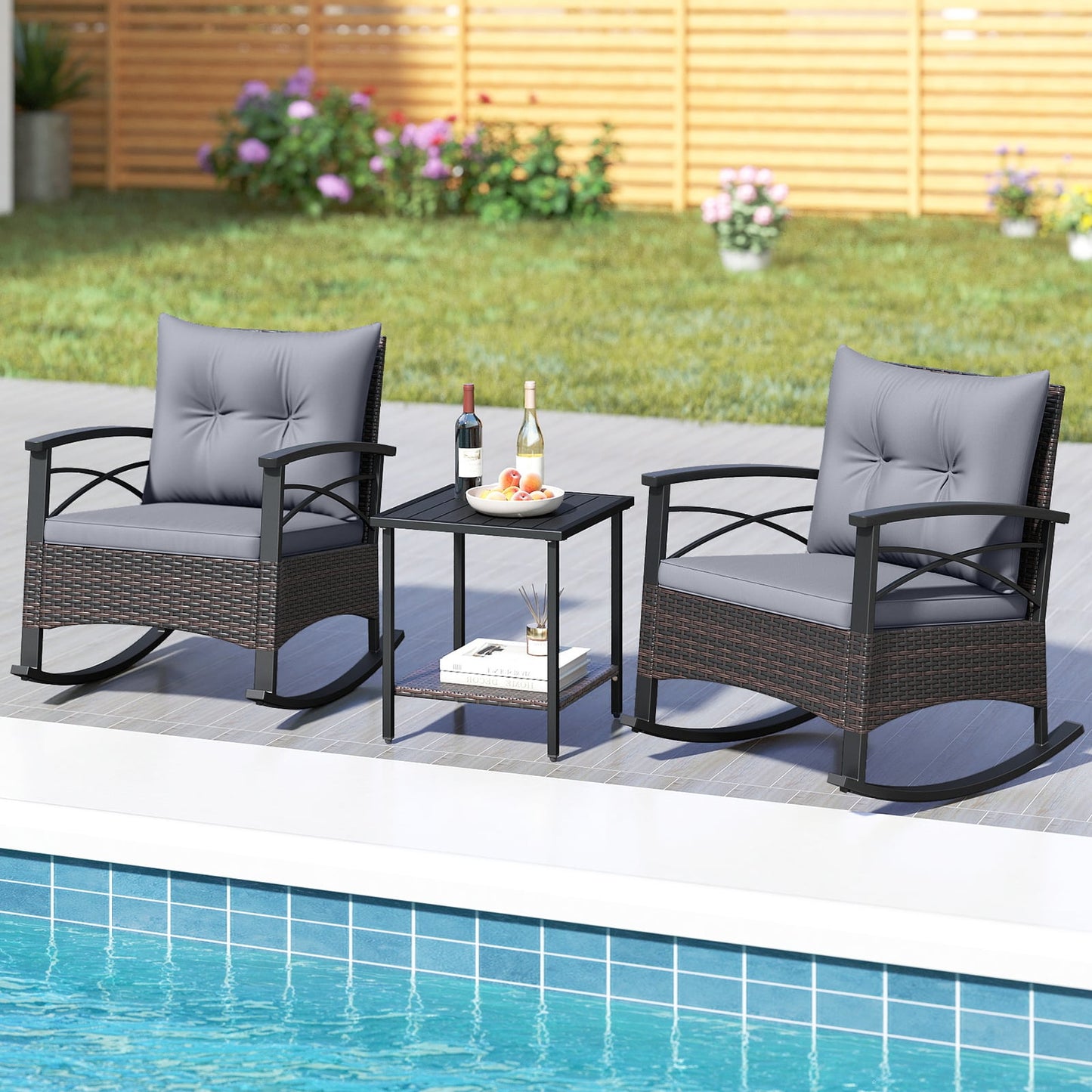 3 Piece Rocking Bistro Set PE Rattan Rocker Chairs with Acacia Wood Top Table, Gray