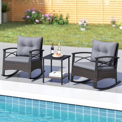 3 Piece Rocking Bistro Set PE Rattan Rocker Chairs with Acacia Wood Top Table, Gray