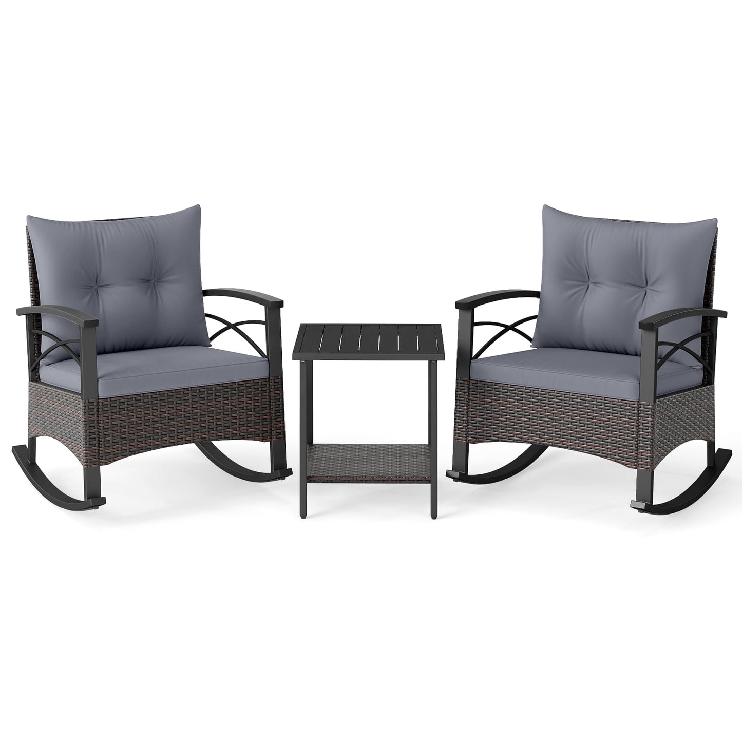 3 Piece Rocking Bistro Set PE Rattan Rocker Chairs with Acacia Wood Top Table, Gray
